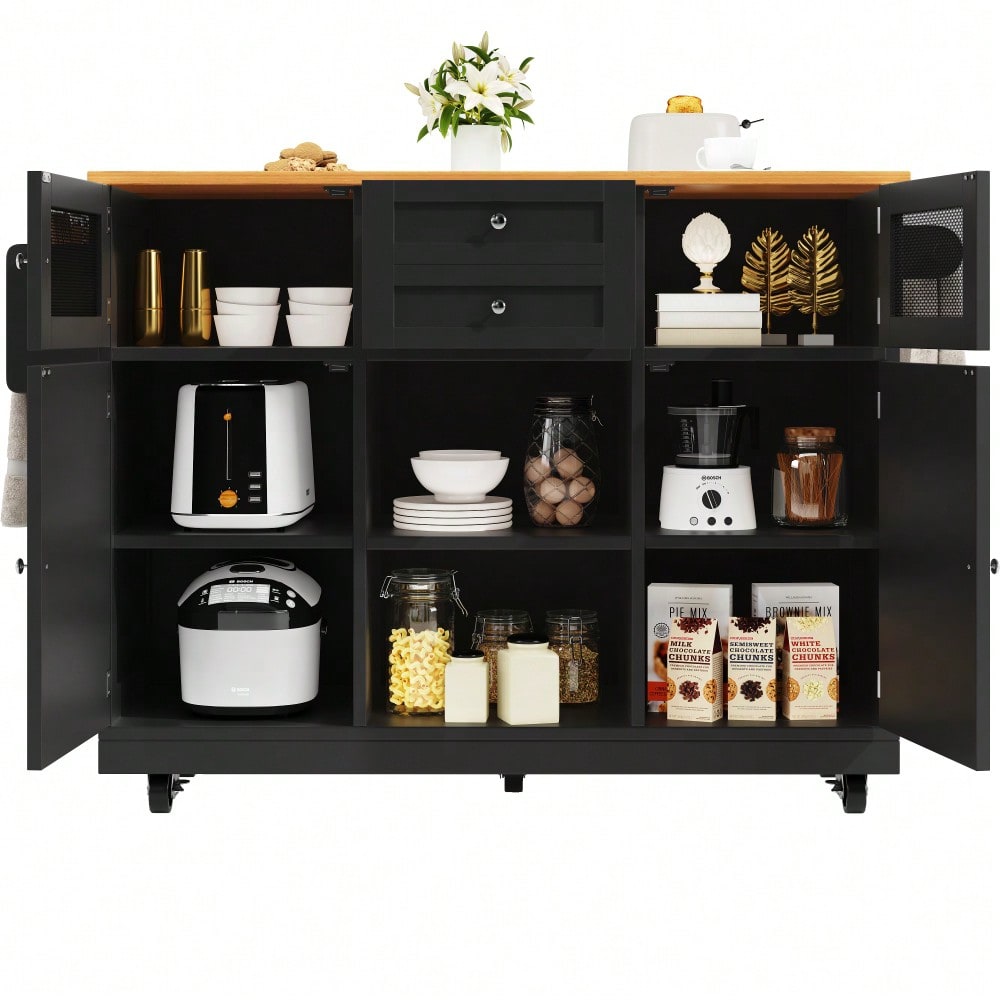 Kücheninsel, Esszimmerwagen mit Arbeitsplatte, Buffetschrank, Esszimmerwagen mit Holzmaserung, seitlicher Handtuchhalter, dreidimensionale Schranktüren mit Rollen, verstellbare Trennwände, Schwarz