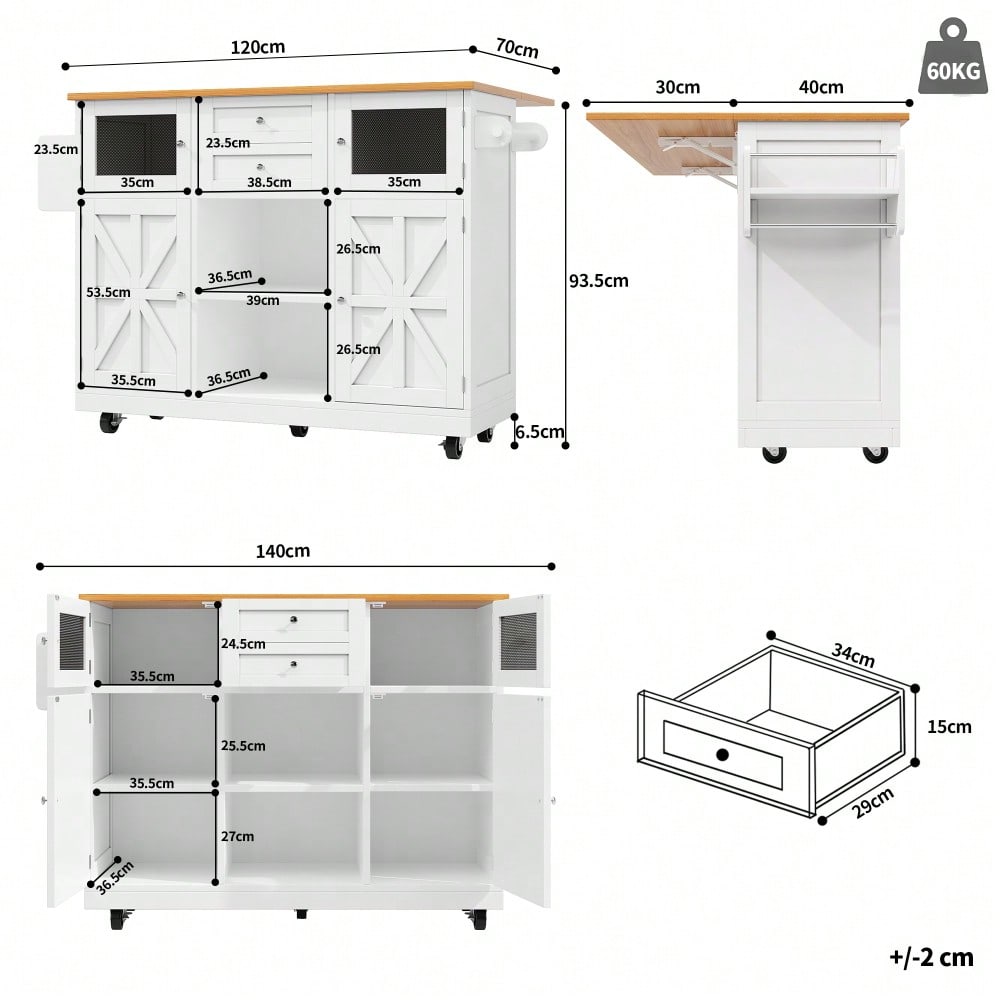 Kücheninsel, Esszimmerwagen mit Arbeitsplatte, Buffetschrank, Esszimmerwagen mit Holzmaserung, seitlicher Handtuchhalter, dreidimensionale Schranktüren mit Rollen, verstellbare Trennwände, weiß