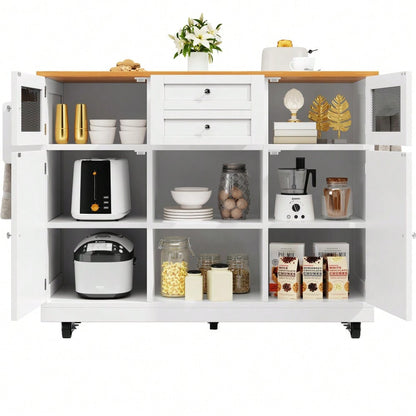 Kücheninsel, Esszimmerwagen mit Arbeitsplatte, Buffetschrank, Esszimmerwagen mit Holzmaserung, seitlicher Handtuchhalter, dreidimensionale Schranktüren mit Rollen, verstellbare Trennwände, weiß