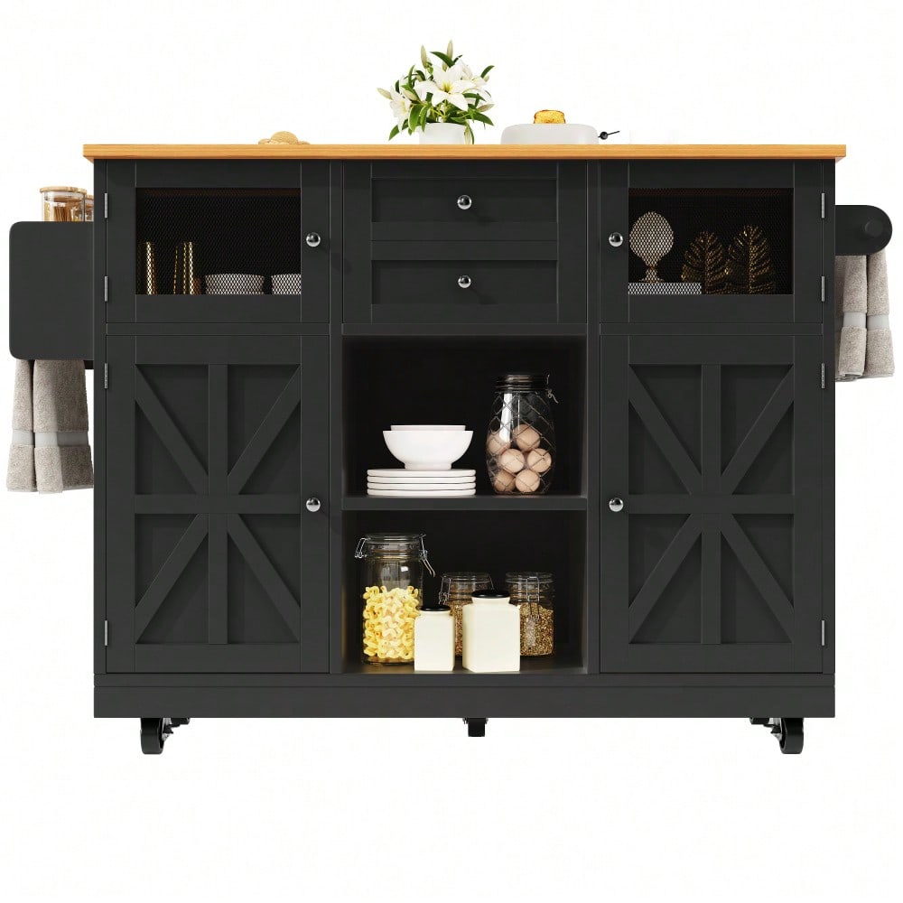 Kücheninsel, Esszimmerwagen mit Arbeitsplatte, Buffetschrank, Esszimmerwagen mit Holzmaserung, seitlicher Handtuchhalter, dreidimensionale Schranktüren mit Rollen, verstellbare Trennwände, Schwarz