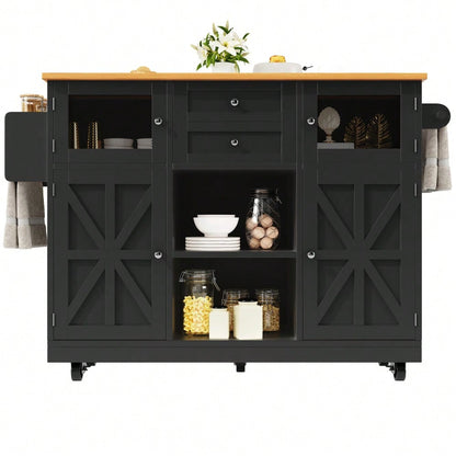 Kücheninsel, Esszimmerwagen mit Arbeitsplatte, Buffetschrank, Esszimmerwagen mit Holzmaserung, seitlicher Handtuchhalter, dreidimensionale Schranktüren mit Rollen, verstellbare Trennwände, Schwarz