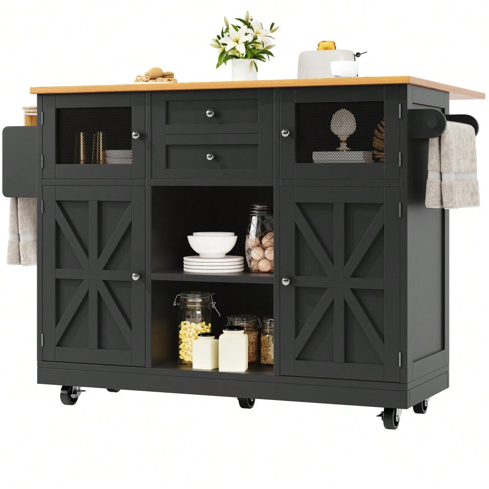 Kücheninsel, Esszimmerwagen mit Arbeitsplatte, Buffetschrank, Esszimmerwagen mit Holzmaserung, seitlicher Handtuchhalter, dreidimensionale Schranktüren mit Rollen, verstellbare Trennwände, Schwarz