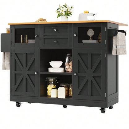 Kücheninsel, Esszimmerwagen mit Arbeitsplatte, Buffetschrank, Esszimmerwagen mit Holzmaserung, seitlicher Handtuchhalter, dreidimensionale Schranktüren mit Rollen, verstellbare Trennwände, Schwarz