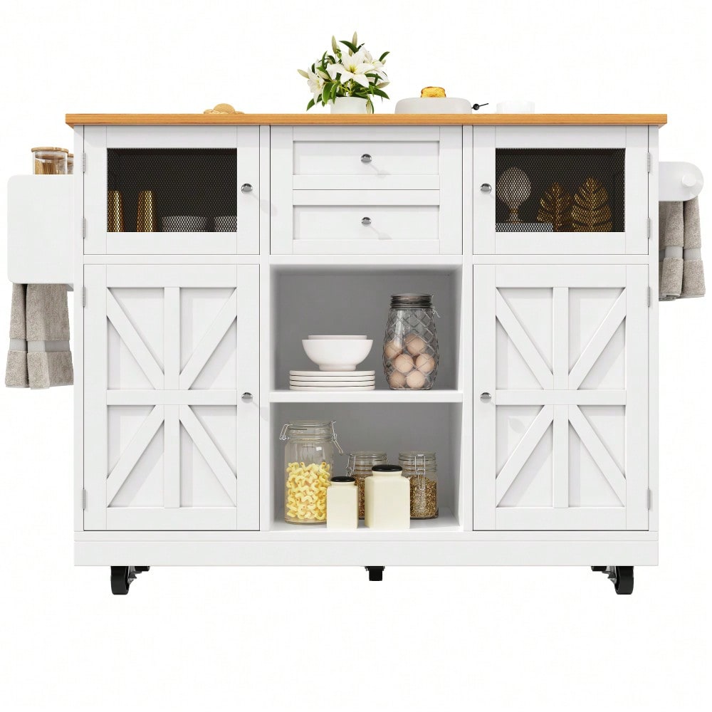 Kücheninsel, Esszimmerwagen mit Arbeitsplatte, Buffetschrank, Esszimmerwagen mit Holzmaserung, seitlicher Handtuchhalter, dreidimensionale Schranktüren mit Rollen, verstellbare Trennwände, weiß