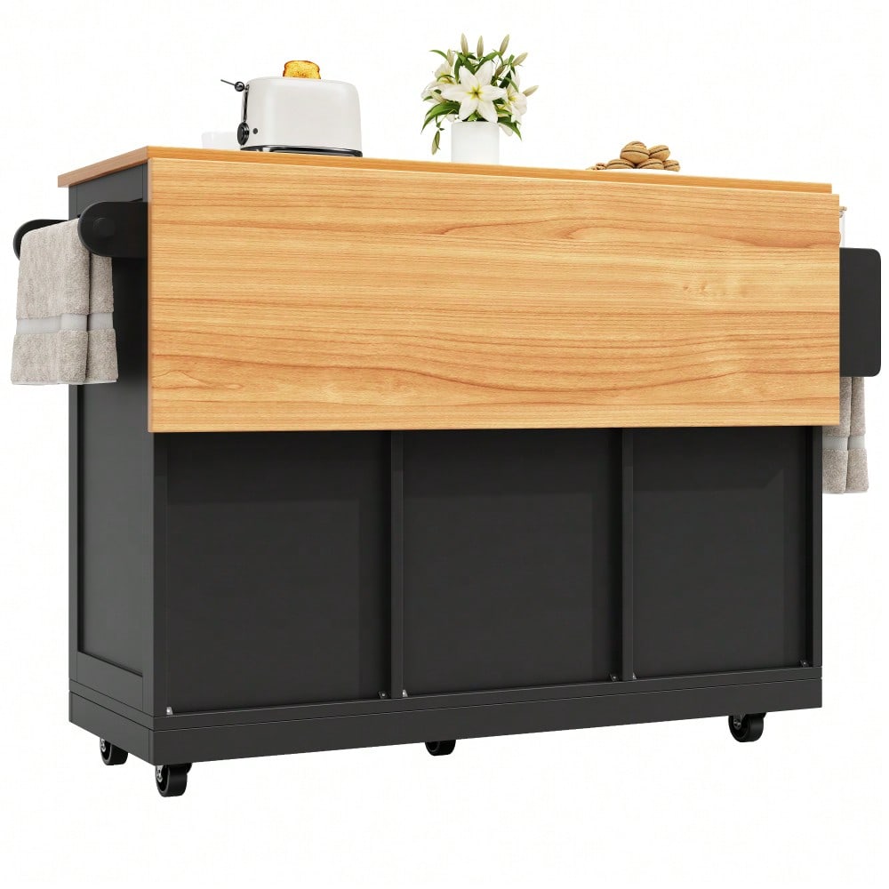 Kücheninsel, Esszimmerwagen mit Arbeitsplatte, Buffetschrank, Esszimmerwagen mit Holzmaserung, seitlicher Handtuchhalter, dreidimensionale Schranktüren mit Rollen, verstellbare Trennwände, Schwarz