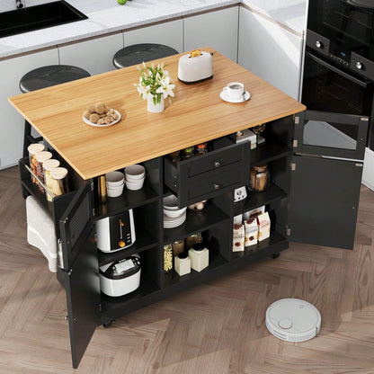 Kücheninsel, Esszimmerwagen mit Arbeitsplatte, Buffetschrank, Esszimmerwagen mit Holzmaserung, seitlicher Handtuchhalter, dreidimensionale Schranktüren mit Rollen, verstellbare Trennwände, Schwarz