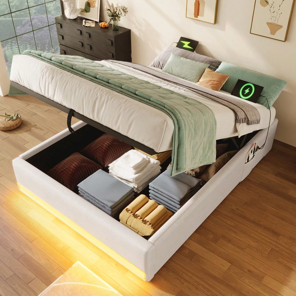 Polsterbett, 90*200cm , Fernbedienbare LED-Leiste,Mit USB und Typ-C, Mit kleinen Aufbewahrungstaschen, Kein Kopfteil-Design, Hydraulische Speicherfunktion, Keine Matratze, Beige