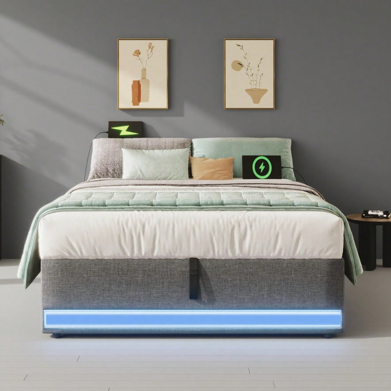 Polsterbett, 90*200cm , Fernbedienbare LED-Leiste,Mit USB und Typ-C, Mit kleinen Aufbewahrungstaschen, Kein Kopfteil-Design, Hydraulische Speicherfunktion, Keine Matratze, Grau