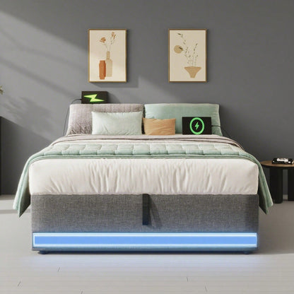 Polsterbett, 90*200cm , Fernbedienbare LED-Leiste,Mit USB und Typ-C, Mit kleinen Aufbewahrungstaschen, Kein Kopfteil-Design, Hydraulische Speicherfunktion, Keine Matratze, Grau
