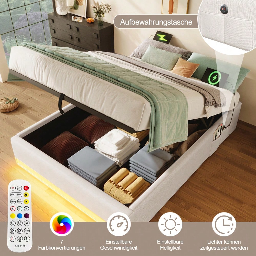 Polsterbett, 90*200cm , Fernbedienbare LED-Leiste,Mit USB und Typ-C, Mit kleinen Aufbewahrungstaschen, Kein Kopfteil-Design, Hydraulische Speicherfunktion, Keine Matratze, Beige