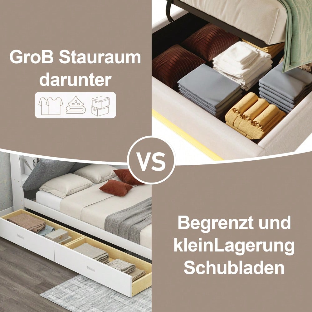 Polsterbett, 90*200cm , Fernbedienbare LED-Leiste,Mit USB und Typ-C, Mit kleinen Aufbewahrungstaschen, Kein Kopfteil-Design, Hydraulische Speicherfunktion, Keine Matratze, Beige