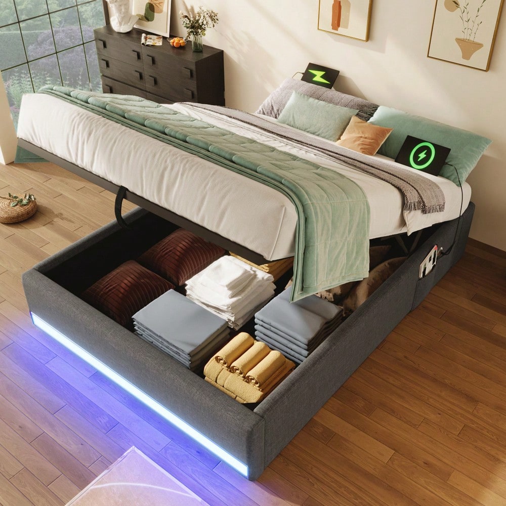 Polsterbett, 90*200cm , Fernbedienbare LED-Leiste,Mit USB und Typ-C, Mit kleinen Aufbewahrungstaschen, Kein Kopfteil-Design, Hydraulische Speicherfunktion, Keine Matratze, Grau