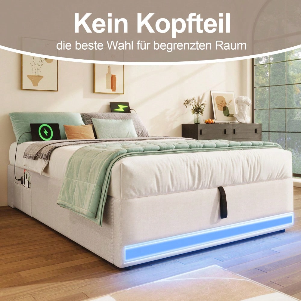 Polsterbett, 90*200cm , Fernbedienbare LED-Leiste,Mit USB und Typ-C, Mit kleinen Aufbewahrungstaschen, Kein Kopfteil-Design, Hydraulische Speicherfunktion, Keine Matratze, Beige