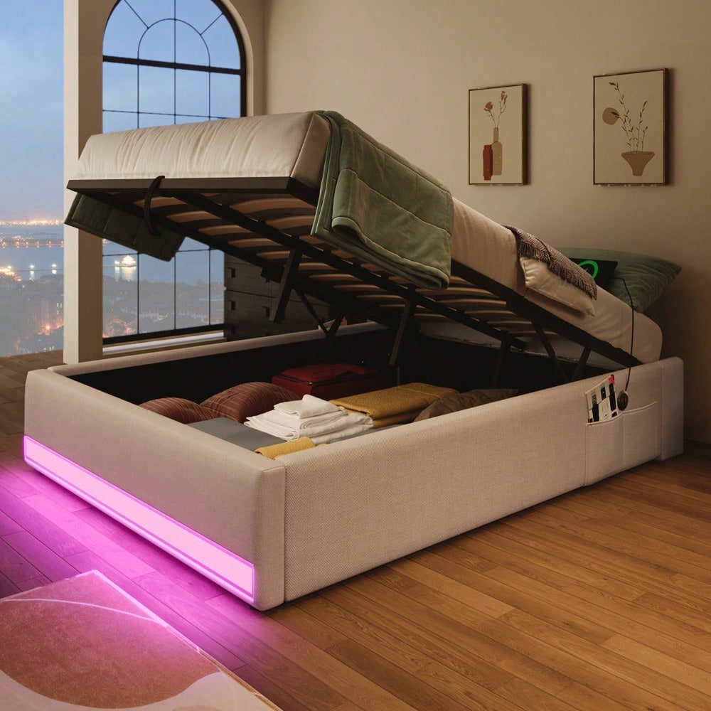 Polsterbett, 90*200cm , Fernbedienbare LED-Leiste,Mit USB und Typ-C, Mit kleinen Aufbewahrungstaschen, Kein Kopfteil-Design, Hydraulische Speicherfunktion, Keine Matratze, Beige