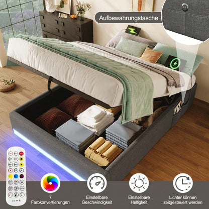 Polsterbett, 90*200cm , Fernbedienbare LED-Leiste,Mit USB und Typ-C, Mit kleinen Aufbewahrungstaschen, Kein Kopfteil-Design, Hydraulische Speicherfunktion, Keine Matratze, Grau