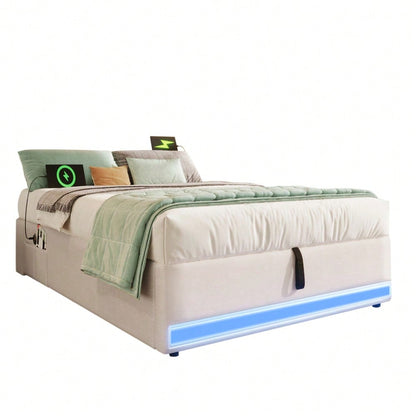 Polsterbett, 90*200cm , Fernbedienbare LED-Leiste,Mit USB und Typ-C, Mit kleinen Aufbewahrungstaschen, Kein Kopfteil-Design, Hydraulische Speicherfunktion, Keine Matratze, Beige