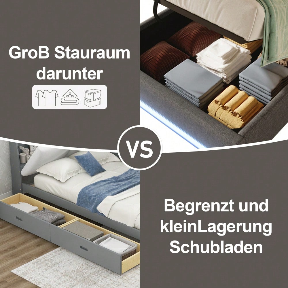 Polsterbett, 90*200cm , Fernbedienbare LED-Leiste,Mit USB und Typ-C, Mit kleinen Aufbewahrungstaschen, Kein Kopfteil-Design, Hydraulische Speicherfunktion, Keine Matratze, Grau