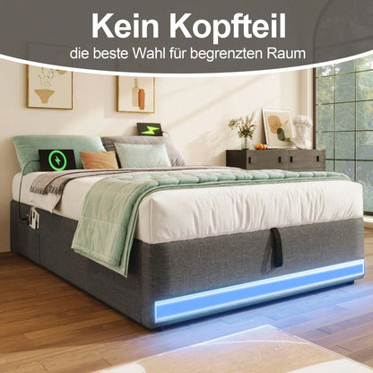 Polsterbett, 90*200cm , Fernbedienbare LED-Leiste,Mit USB und Typ-C, Mit kleinen Aufbewahrungstaschen, Kein Kopfteil-Design, Hydraulische Speicherfunktion, Keine Matratze, Grau