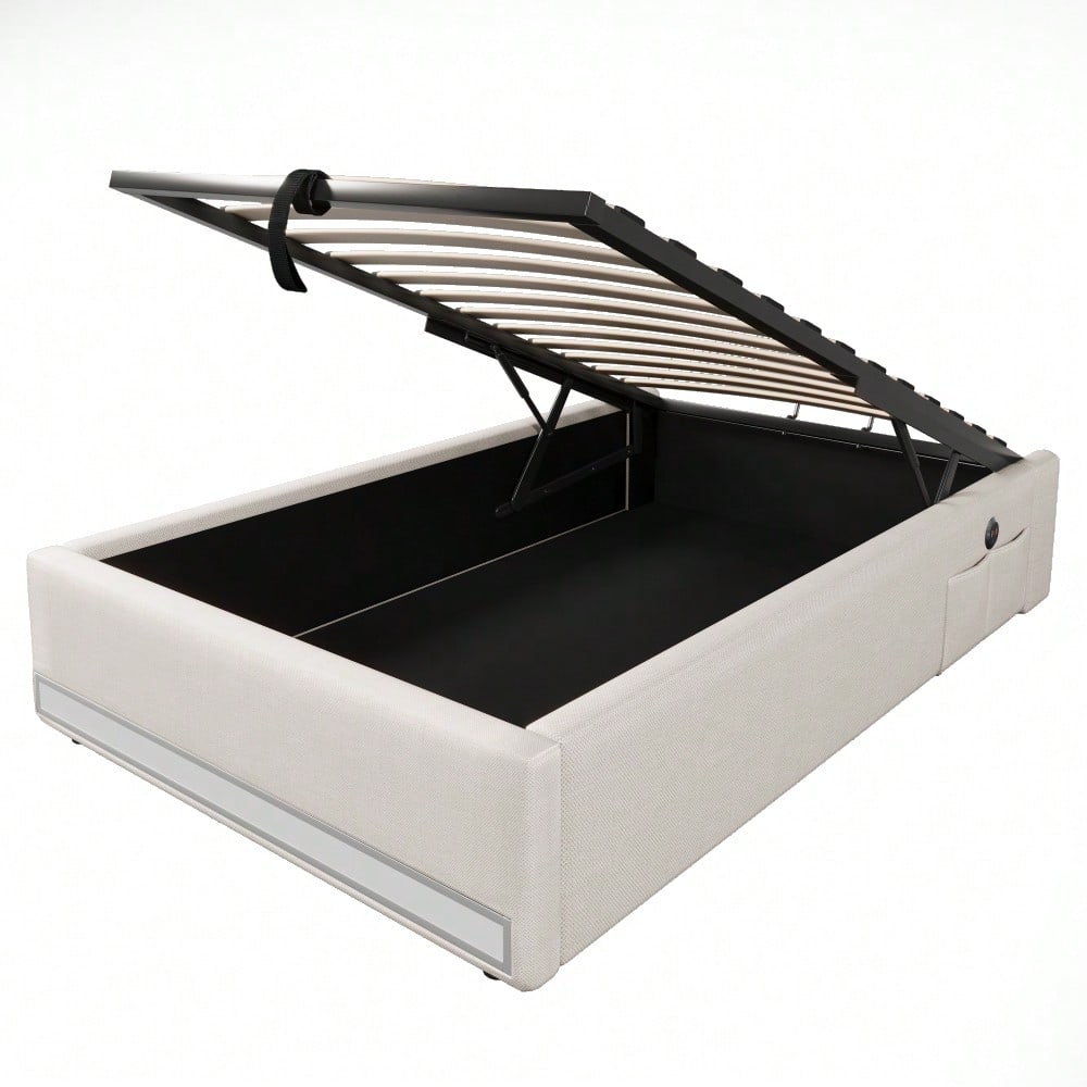 Polsterbett, 90*200cm , Fernbedienbare LED-Leiste,Mit USB und Typ-C, Mit kleinen Aufbewahrungstaschen, Kein Kopfteil-Design, Hydraulische Speicherfunktion, Keine Matratze, Beige