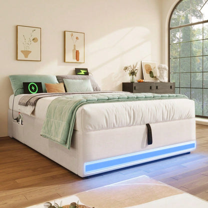 Polsterbett, 90*200cm , Fernbedienbare LED-Leiste,Mit USB und Typ-C, Mit kleinen Aufbewahrungstaschen, Kein Kopfteil-Design, Hydraulische Speicherfunktion, Keine Matratze, Beige