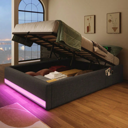 Polsterbett, 90*200cm , Fernbedienbare LED-Leiste,Mit USB und Typ-C, Mit kleinen Aufbewahrungstaschen, Kein Kopfteil-Design, Hydraulische Speicherfunktion, Keine Matratze, Grau