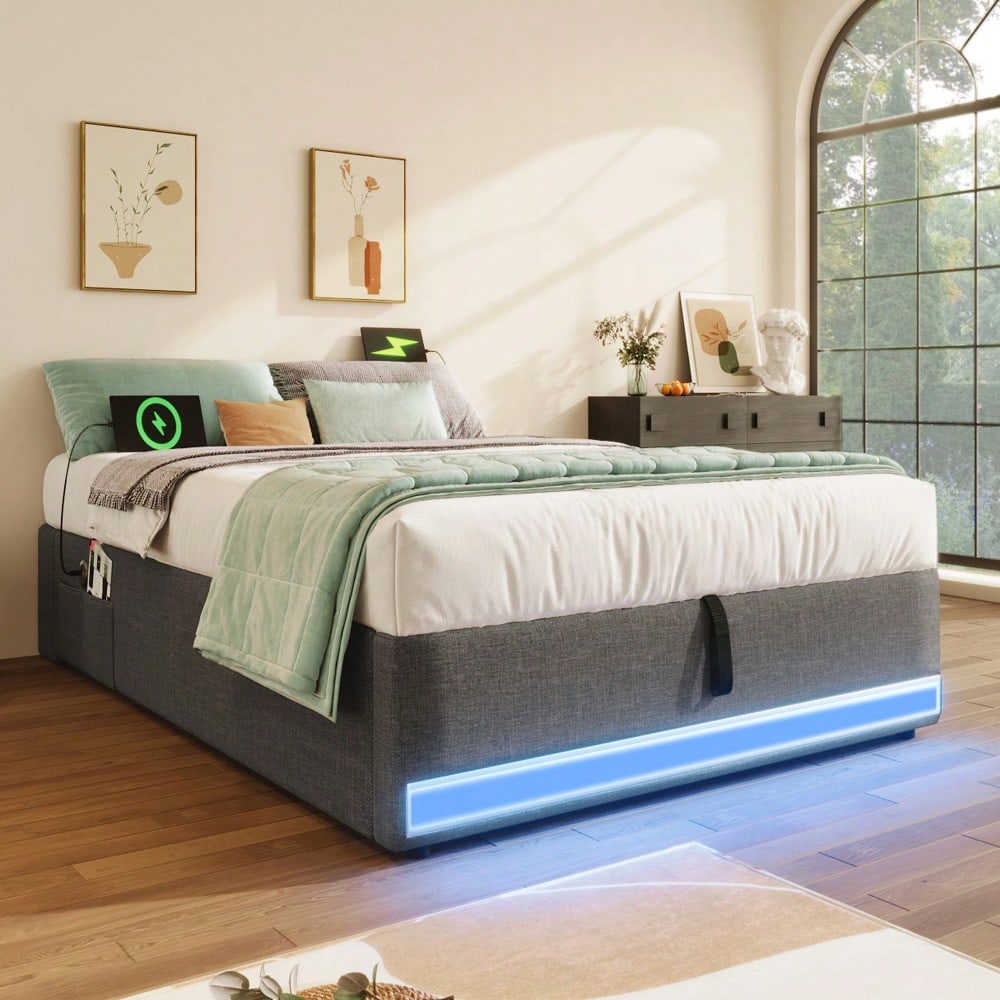 Polsterbett, 90*200cm , Fernbedienbare LED-Leiste,Mit USB und Typ-C, Mit kleinen Aufbewahrungstaschen, Kein Kopfteil-Design, Hydraulische Speicherfunktion, Keine Matratze, Grau