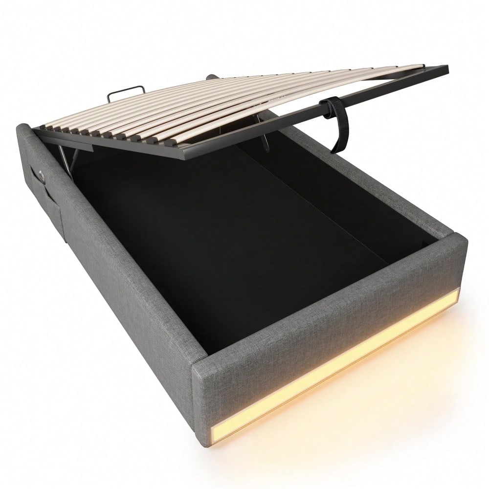 Polsterbett, 90*200cm , Fernbedienbare LED-Leiste,Mit USB und Typ-C, Mit kleinen Aufbewahrungstaschen, Kein Kopfteil-Design, Hydraulische Speicherfunktion, Keine Matratze, Grau