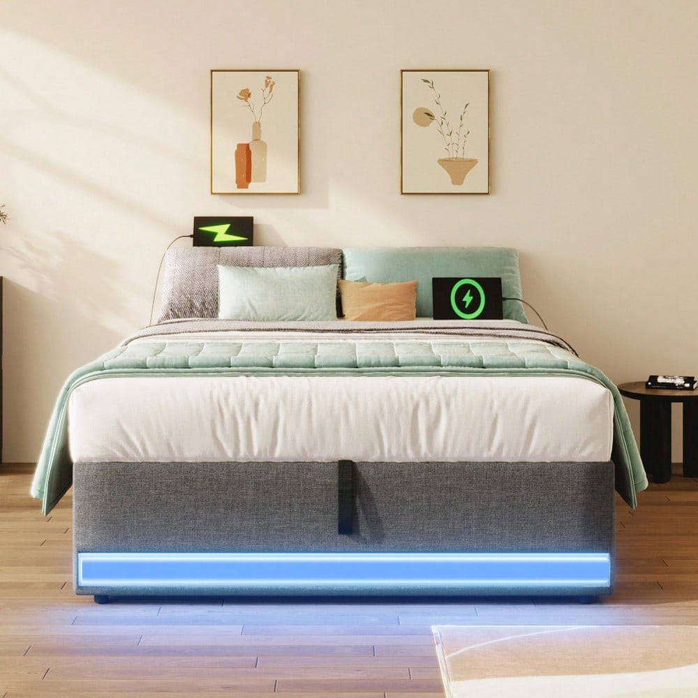 Polsterbett, 90*200cm , Fernbedienbare LED-Leiste,Mit USB und Typ-C, Mit kleinen Aufbewahrungstaschen, Kein Kopfteil-Design, Hydraulische Speicherfunktion, Keine Matratze, Grau