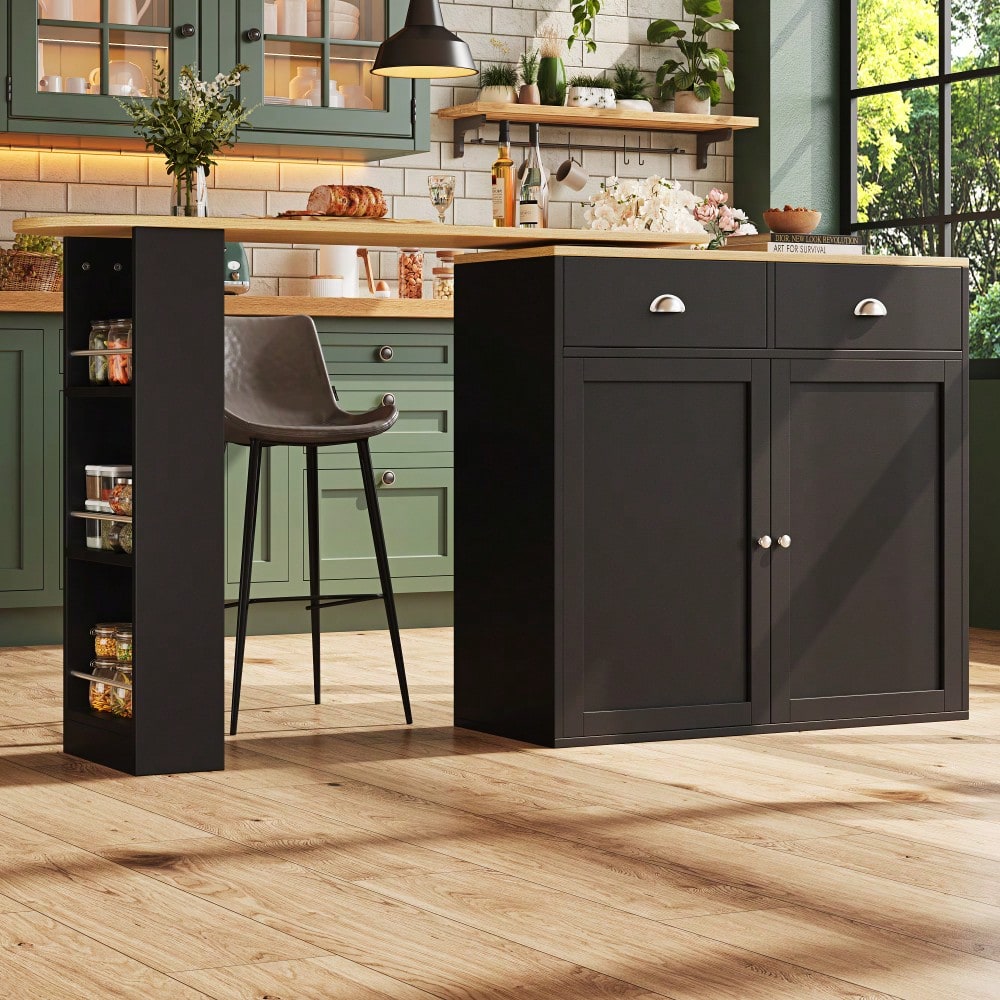 360° drehbare Essbar, schlicht und modern, multifunktionale Aufbewahrung, geeignet für Schlafzimmer, Wohnzimmer, Esszimmer, drehbarer Sideboardschrank mit 2 Schubladen, 2 Türen, Seitenregalen, schwarz