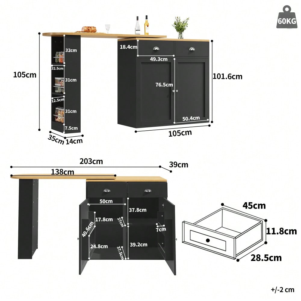 360° drehbare Essbar, schlicht und modern, multifunktionale Aufbewahrung, geeignet für Schlafzimmer, Wohnzimmer, Esszimmer, drehbarer Sideboardschrank mit 2 Schubladen, 2 Türen, Seitenregalen, schwarz