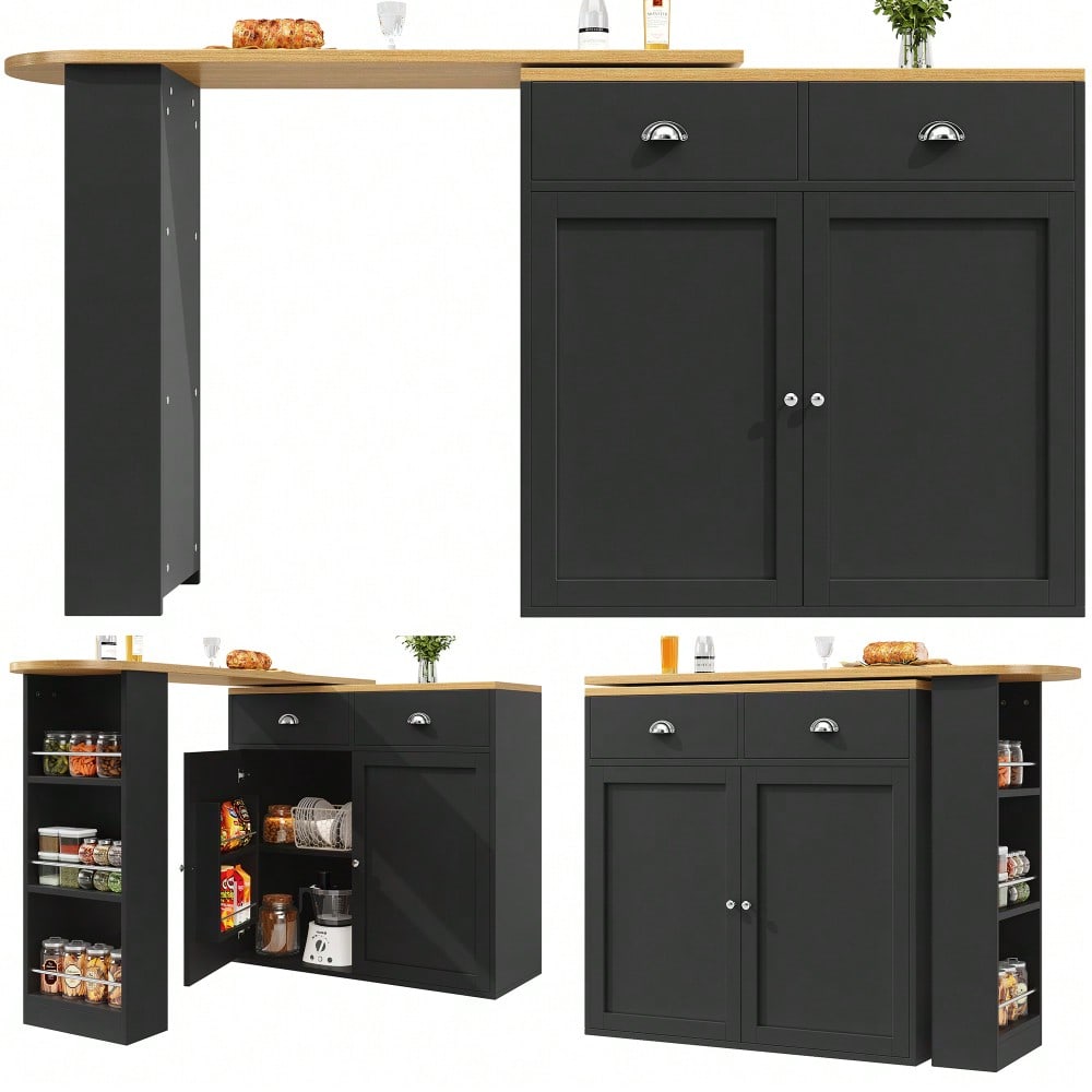 360° drehbare Essbar, schlicht und modern, multifunktionale Aufbewahrung, geeignet für Schlafzimmer, Wohnzimmer, Esszimmer, drehbarer Sideboardschrank mit 2 Schubladen, 2 Türen, Seitenregalen, schwarz