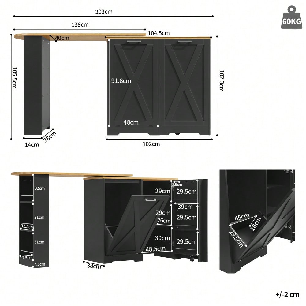 360° drehbare Esstheke, schlicht und modern, multifunktionale Aufbewahrung, geeignet für Schlafzimmer, Wohnzimmer, Esszimmer, drehbarer Sideboardschrank mit seitlichen Ablagen, schwarz, mit Klapptür