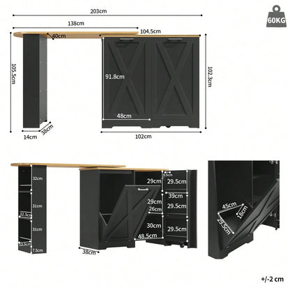 360° drehbare Esstheke, schlicht und modern, multifunktionale Aufbewahrung, geeignet für Schlafzimmer, Wohnzimmer, Esszimmer, drehbarer Sideboardschrank mit seitlichen Ablagen, schwarz, mit Klapptür