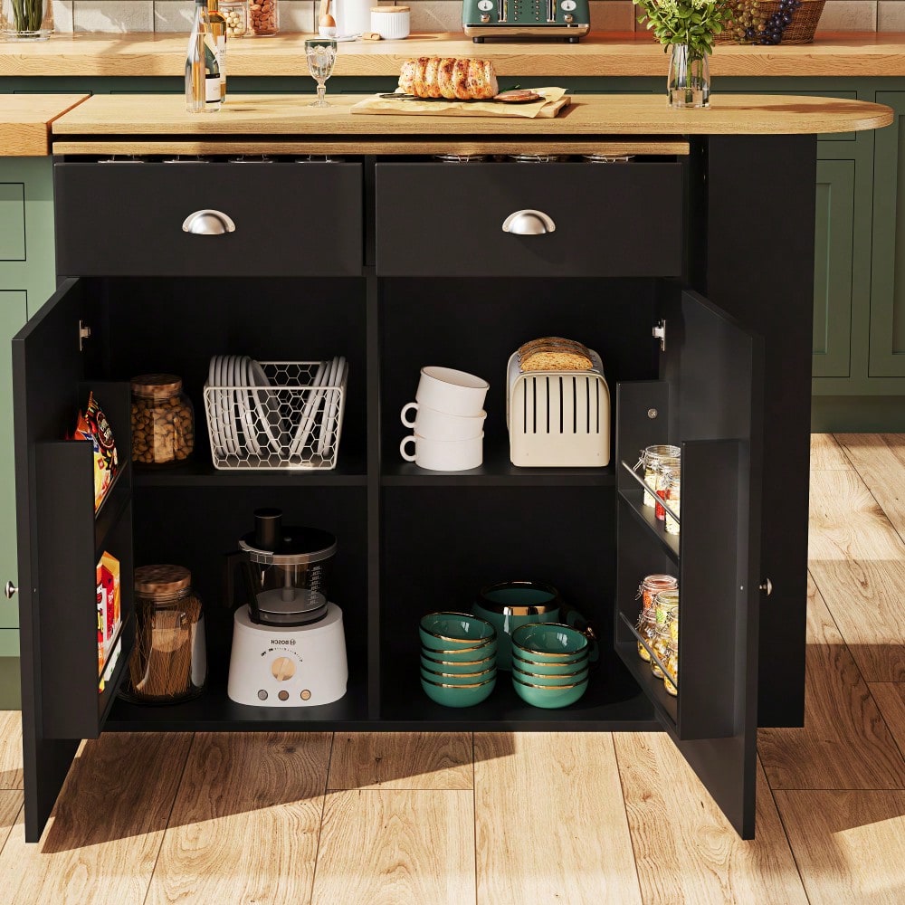 360° drehbare Essbar, schlicht und modern, multifunktionale Aufbewahrung, geeignet für Schlafzimmer, Wohnzimmer, Esszimmer, drehbarer Sideboardschrank mit 2 Schubladen, 2 Türen, Seitenregalen, schwarz