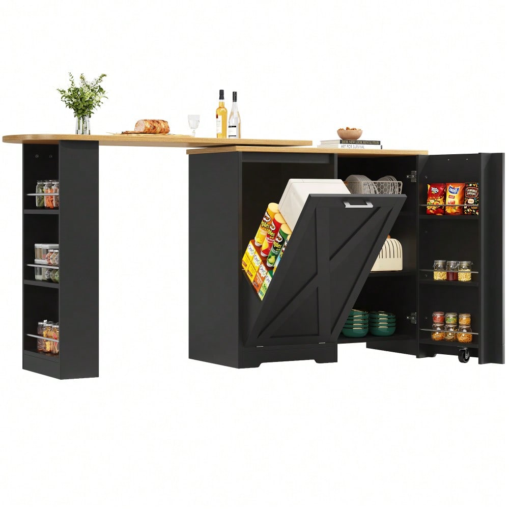 360° drehbare Esstheke, schlicht und modern, multifunktionale Aufbewahrung, geeignet für Schlafzimmer, Wohnzimmer, Esszimmer, drehbarer Sideboardschrank mit seitlichen Ablagen, schwarz, mit Klapptür