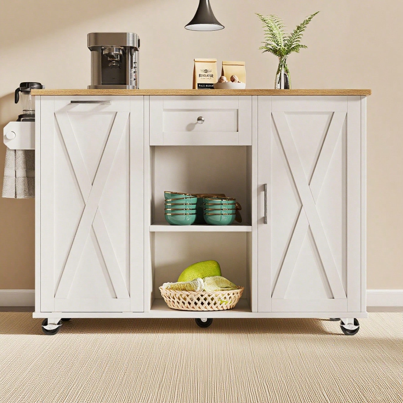 Moderne Kücheninsel, Küchenschrank für Mülleimer, buffetschrank, Multifunktionale Esstisch mit Speicherraum, Speisewagen mit Snackregalen und Stretchfunktionsschränken, weiß