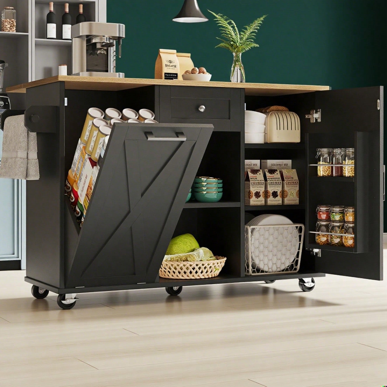 Moderne Kücheninsel, Küchenschrank für Mülleimer, buffetschrank, Multifunktionale Esstisch mit Speicherraum, Speisewagen mit Snackregalen und Stretchfunktionsschränken, schwarz