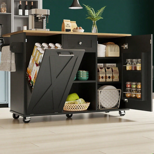 Moderne Kücheninsel, Küchenschrank für Mülleimer, buffetschrank, Multifunktionale Esstisch mit Speicherraum, Speisewagen mit Snackregalen und Stretchfunktionsschränken, schwarz