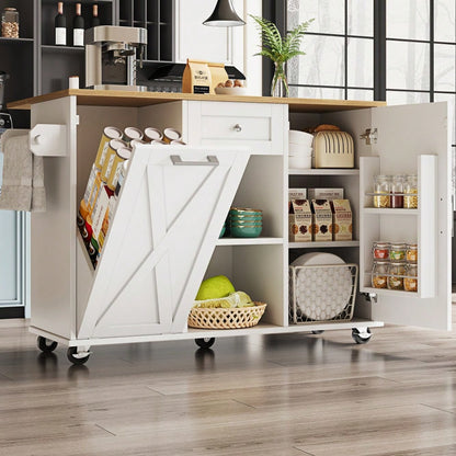 Moderne Kücheninsel, Küchenschrank für Mülleimer, buffetschrank, Multifunktionale Esstisch mit Speicherraum, Speisewagen mit Snackregalen und Stretchfunktionsschränken, weiß