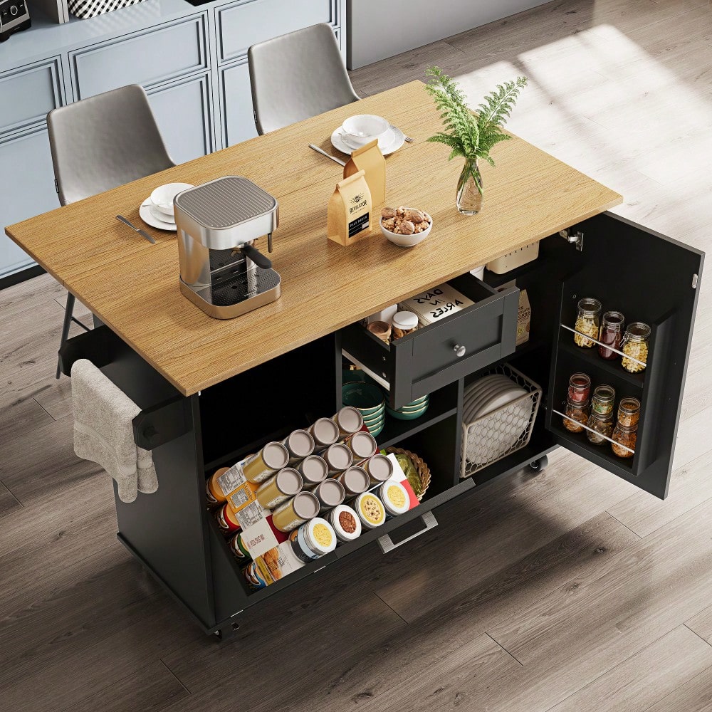 Moderne Kücheninsel, Küchenschrank für Mülleimer, buffetschrank, Multifunktionale Esstisch mit Speicherraum, Speisewagen mit Snackregalen und Stretchfunktionsschränken, schwarz