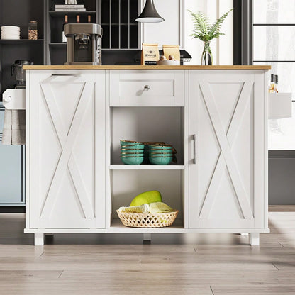 Moderne Kücheninsel, Küchenschrank für Mülleimer, buffetschrank, Multifunktionale Esstisch mit Speicherraum, Speisewagen mit Snackregalen und Stretchfunktionsschränken, weiß