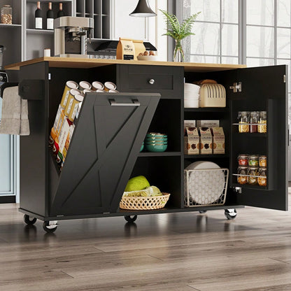 Moderne Kücheninsel, Küchenschrank für Mülleimer, buffetschrank, Multifunktionale Esstisch mit Speicherraum, Speisewagen mit Snackregalen und Stretchfunktionsschränken, schwarz