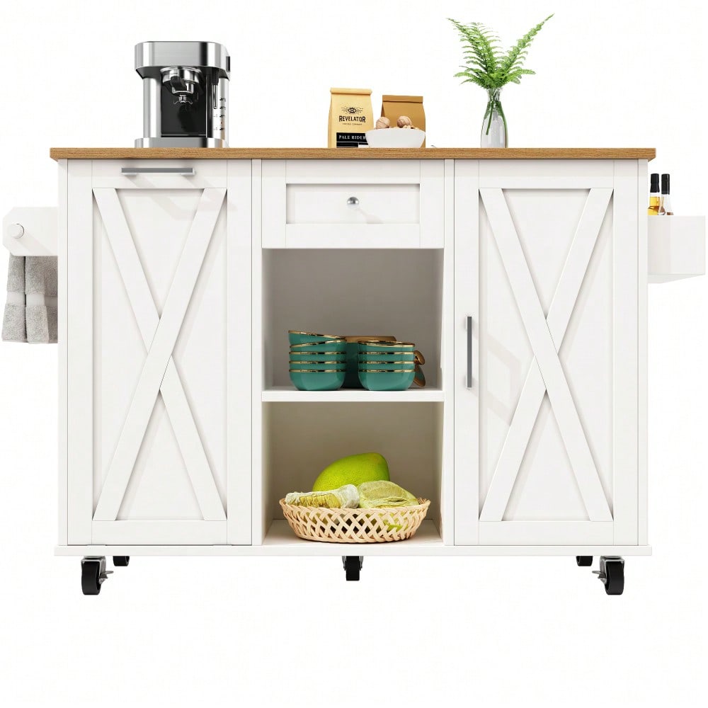 Moderne Kücheninsel, Küchenschrank für Mülleimer, buffetschrank, Multifunktionale Esstisch mit Speicherraum, Speisewagen mit Snackregalen und Stretchfunktionsschränken, weiß