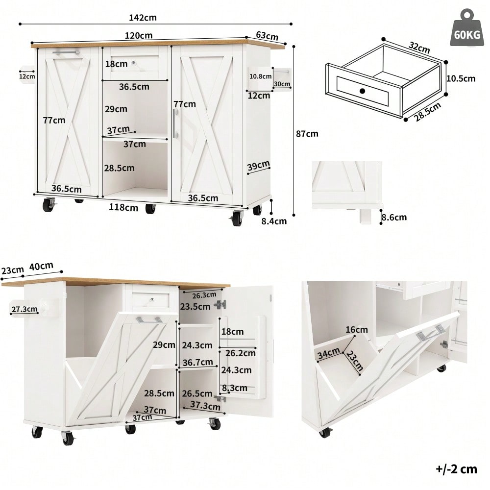 Moderne Kücheninsel, Küchenschrank für Mülleimer, buffetschrank, Multifunktionale Esstisch mit Speicherraum, Speisewagen mit Snackregalen und Stretchfunktionsschränken, weiß