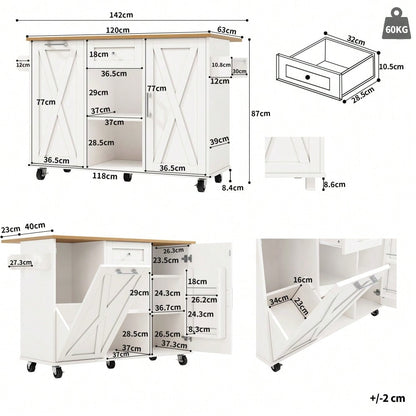 Moderne Kücheninsel, Küchenschrank für Mülleimer, buffetschrank, Multifunktionale Esstisch mit Speicherraum, Speisewagen mit Snackregalen und Stretchfunktionsschränken, weiß