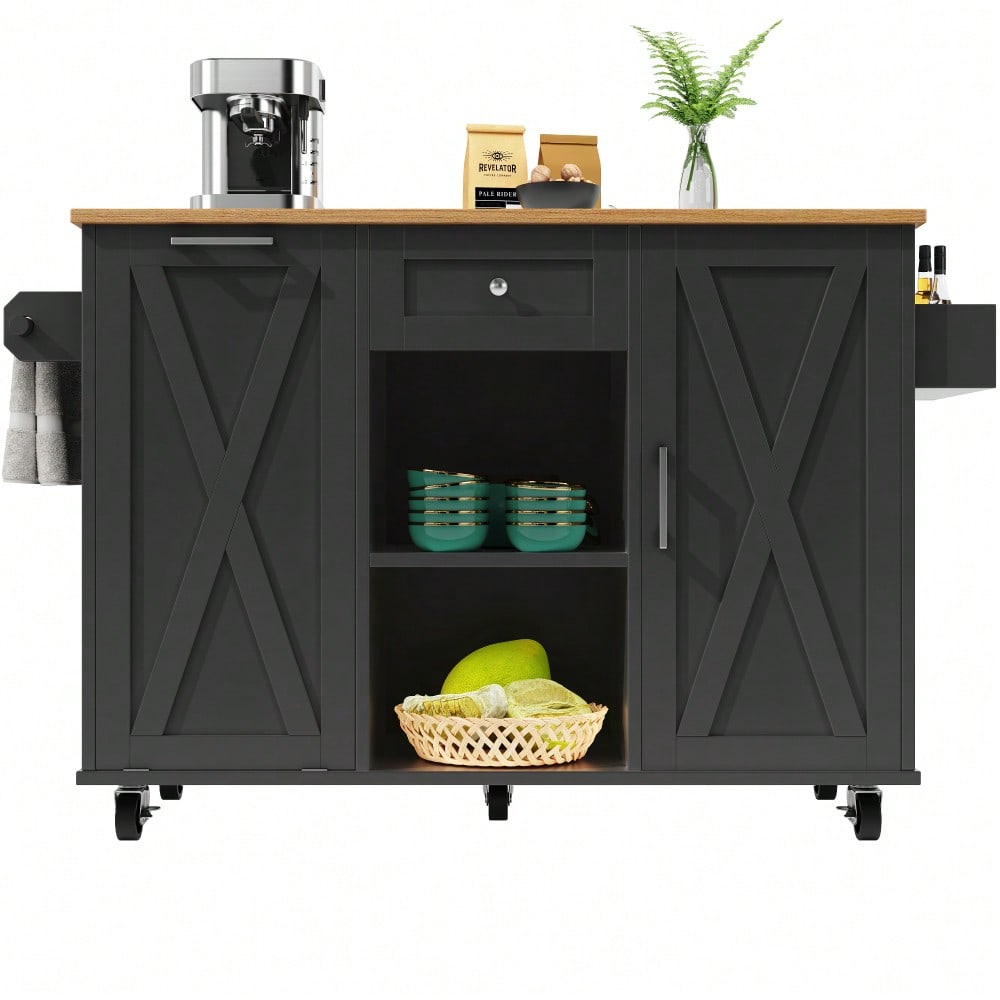 Moderne Kücheninsel, Küchenschrank für Mülleimer, buffetschrank, Multifunktionale Esstisch mit Speicherraum, Speisewagen mit Snackregalen und Stretchfunktionsschränken, schwarz