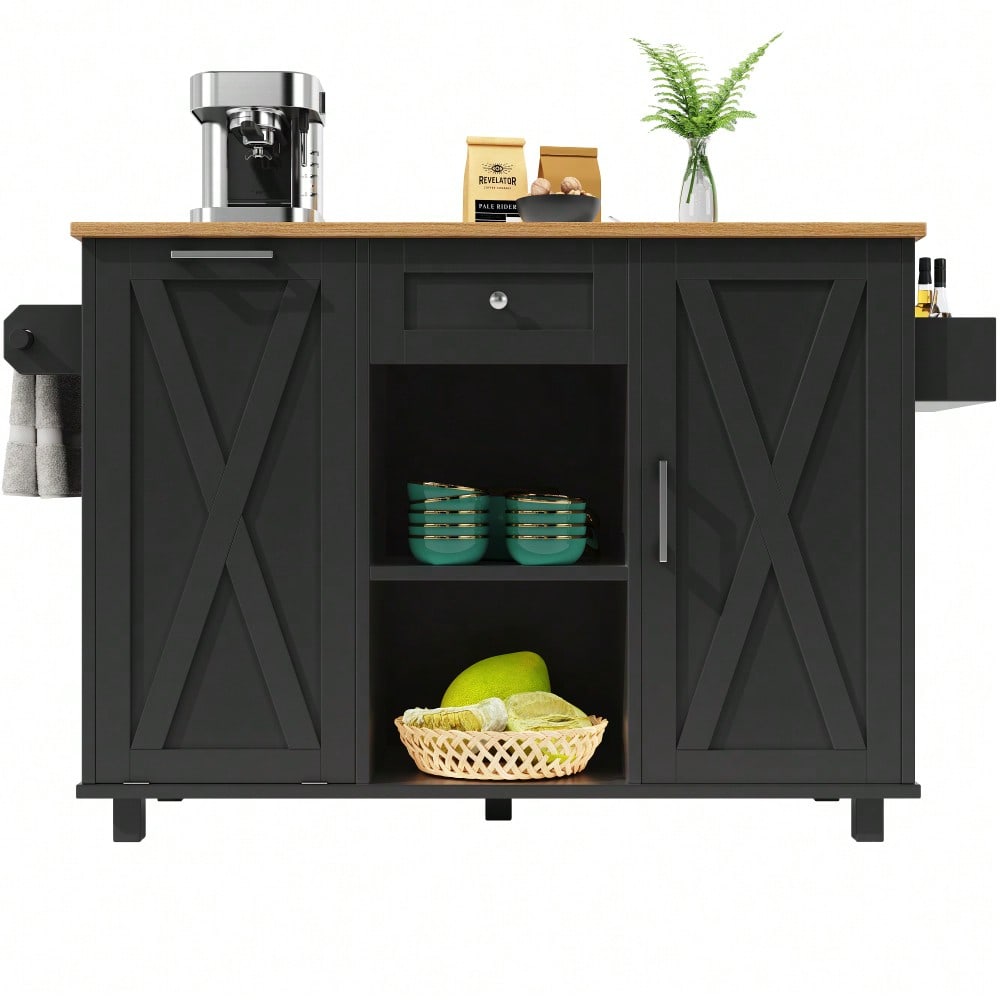 Moderne Kücheninsel, Küchenschrank für Mülleimer, buffetschrank, Multifunktionale Esstisch mit Speicherraum, Speisewagen mit Snackregalen und Stretchfunktionsschränken, schwarz