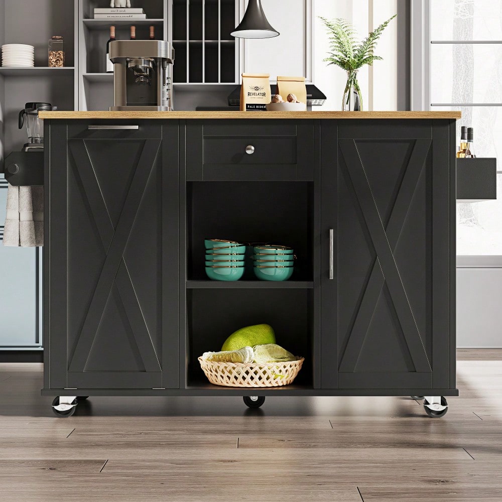 Moderne Kücheninsel, Küchenschrank für Mülleimer, buffetschrank, Multifunktionale Esstisch mit Speicherraum, Speisewagen mit Snackregalen und Stretchfunktionsschränken, schwarz