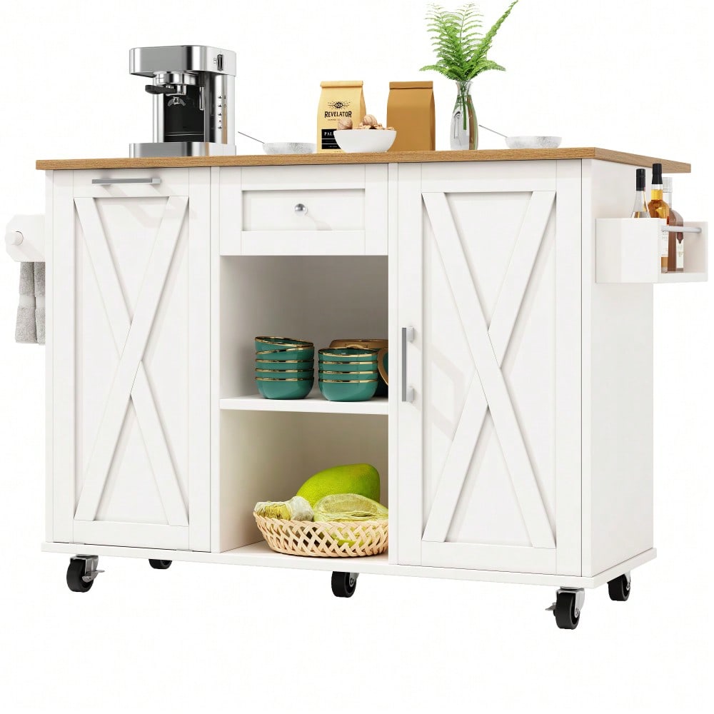 Moderne Kücheninsel, Küchenschrank für Mülleimer, buffetschrank, Multifunktionale Esstisch mit Speicherraum, Speisewagen mit Snackregalen und Stretchfunktionsschränken, weiß
