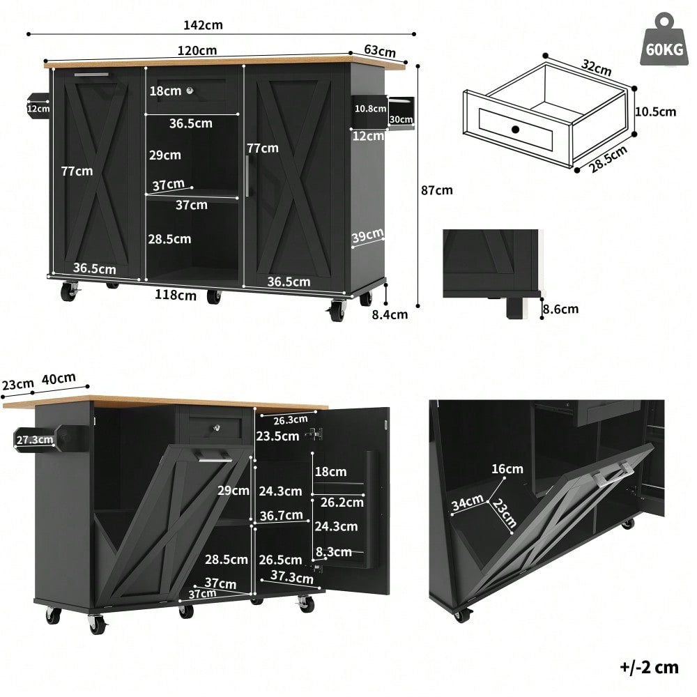 Moderne Kücheninsel, Küchenschrank für Mülleimer, buffetschrank, Multifunktionale Esstisch mit Speicherraum, Speisewagen mit Snackregalen und Stretchfunktionsschränken, schwarz